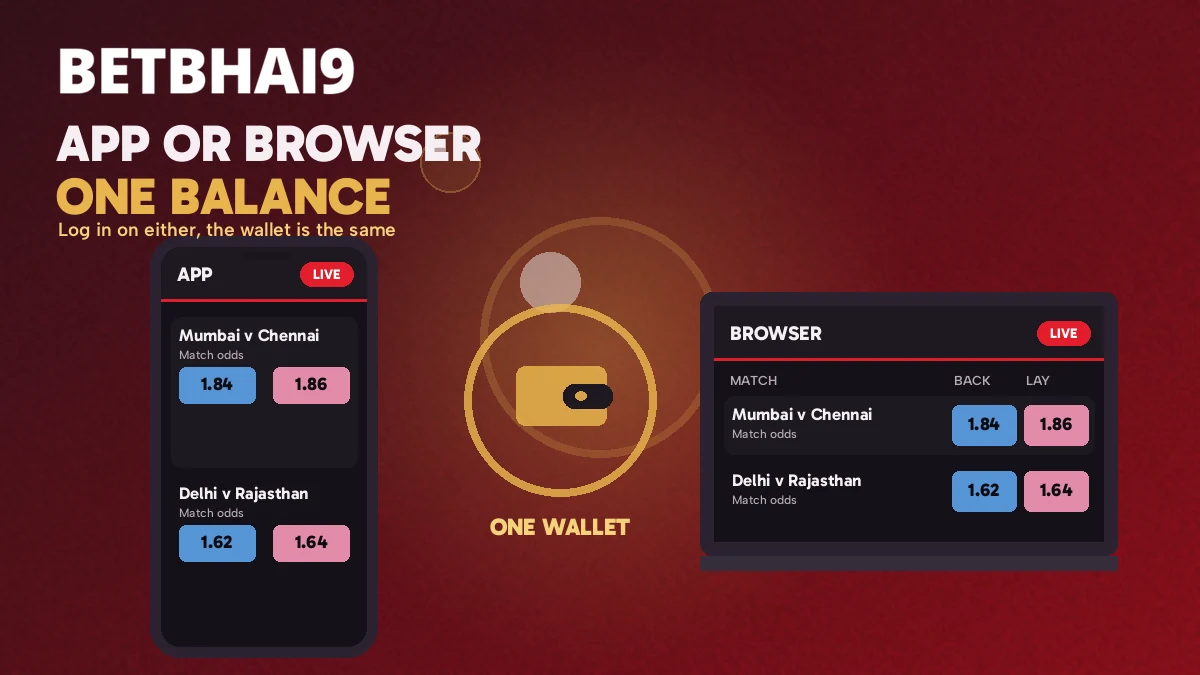 Betbhai9 app and browser side by side on one balance after login