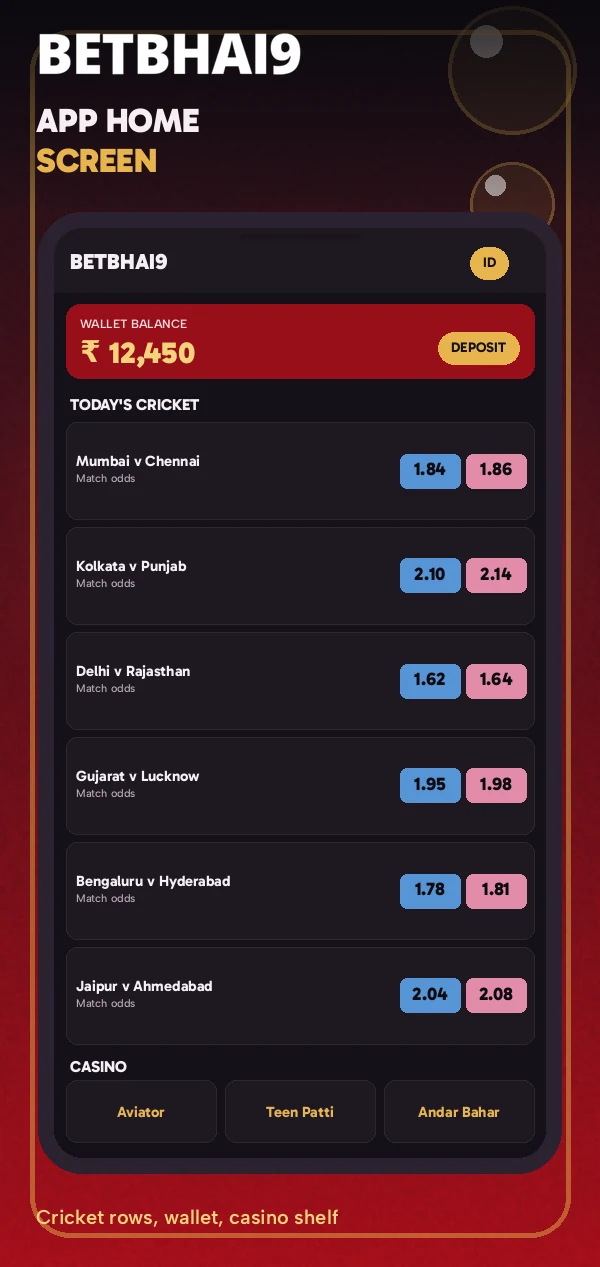 Betbhai9 app home screen on Android with cricket rows and the casino shelf