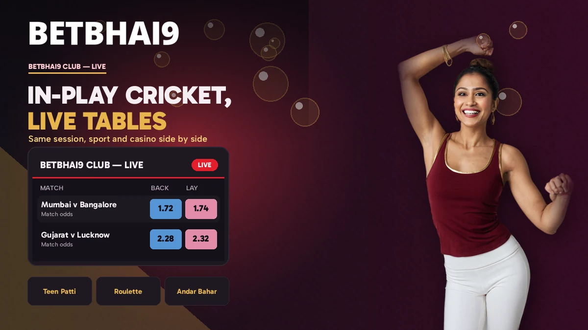 Betbhai9 Club board with in-play cricket odds above the Teen Patti and Roulette tables