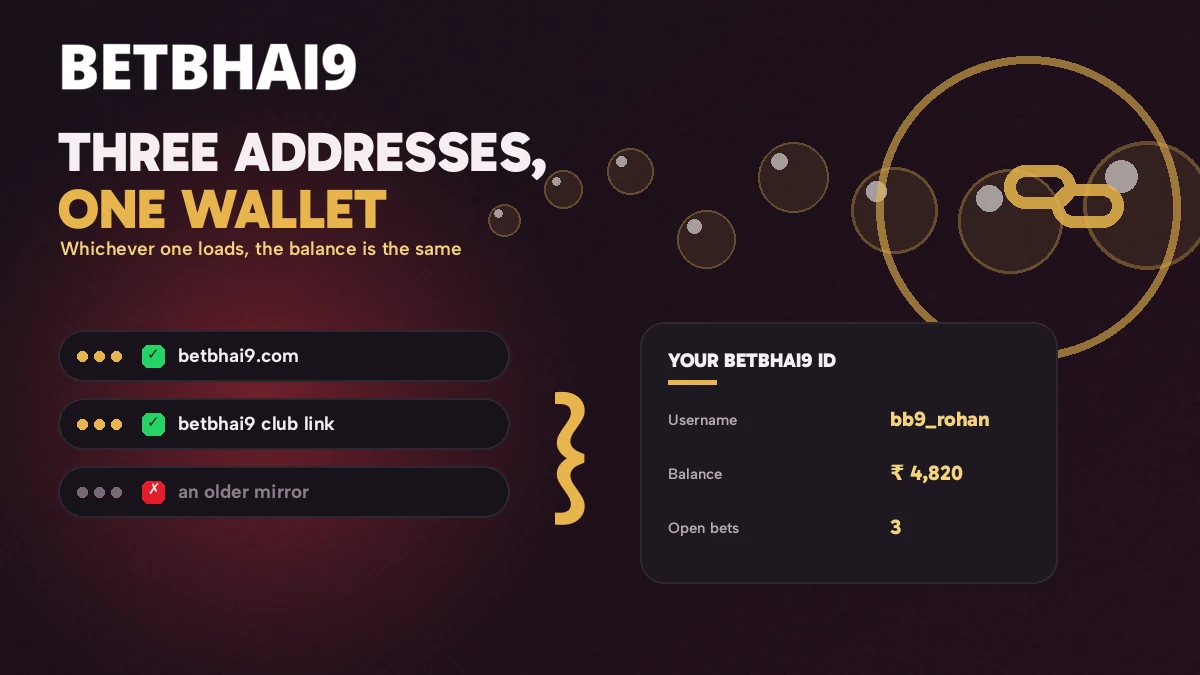 Three Betbhai9 addresses checked against one account card with the same balance and open bets