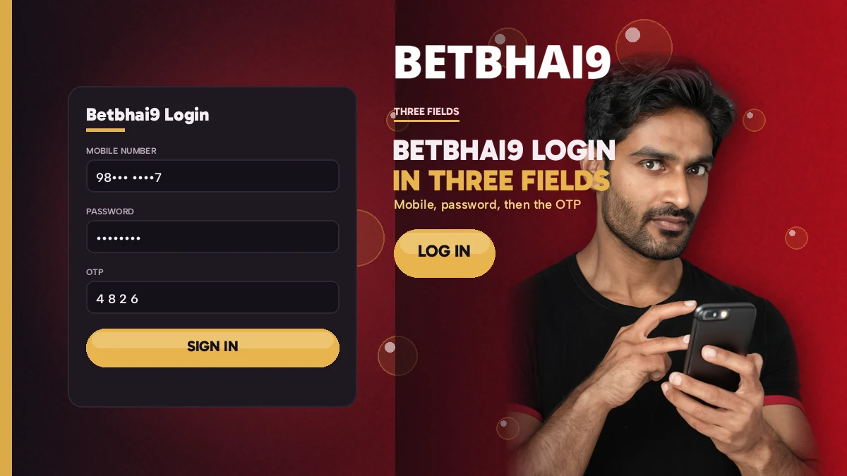 Betbhai9 login card with the mobile number, password and OTP fields