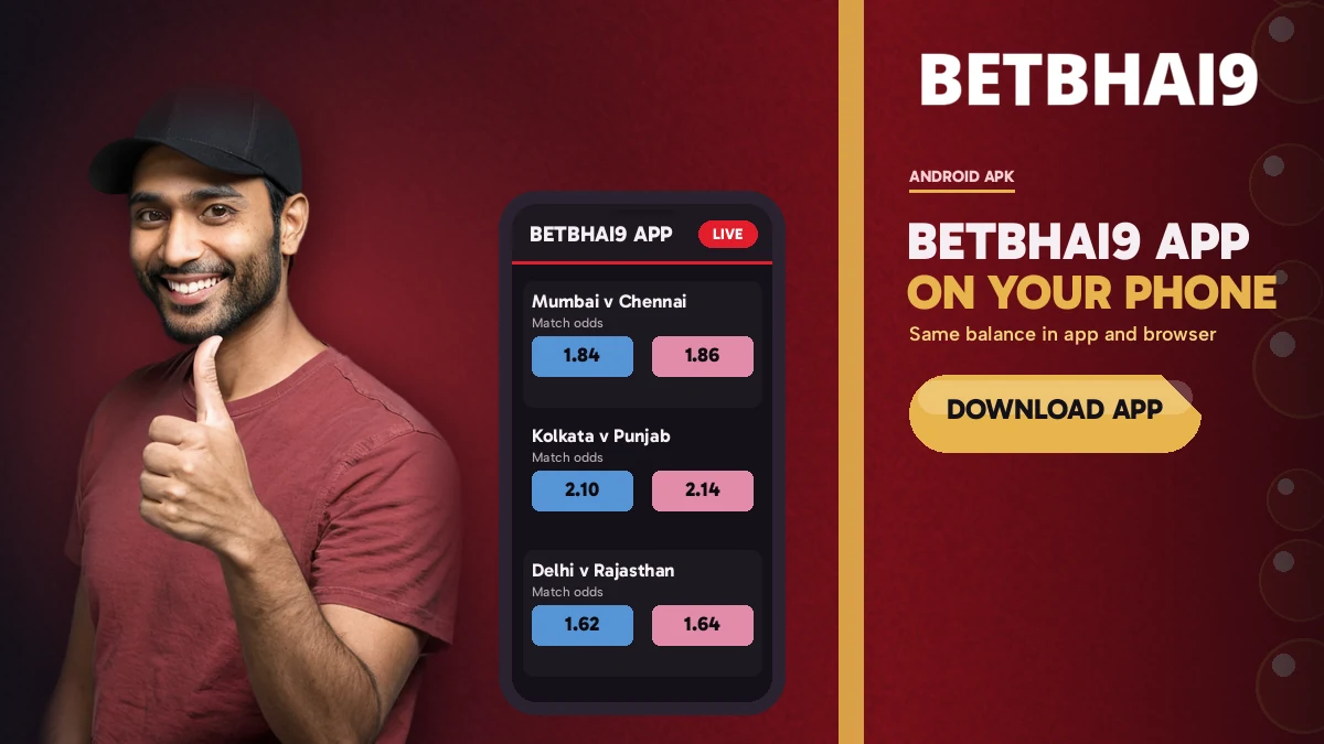 Betbhai9 app on a phone with today's cricket rows and the wallet balance