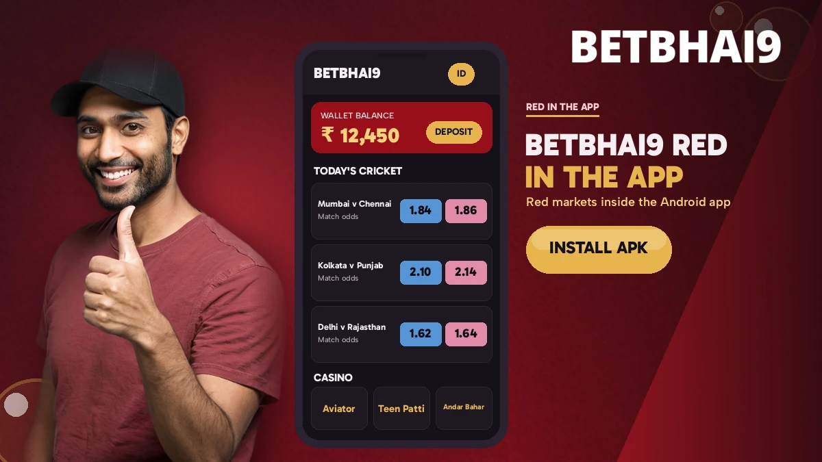 Betbhai9 Red running inside the Android app with the live cricket board open