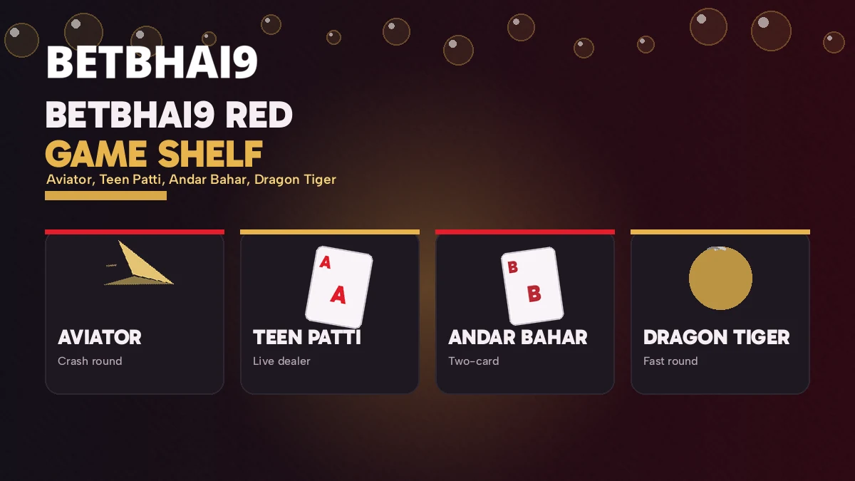 Betbhai9 Red game shelf with Aviator, Teen Patti, Andar Bahar and Dragon Tiger
