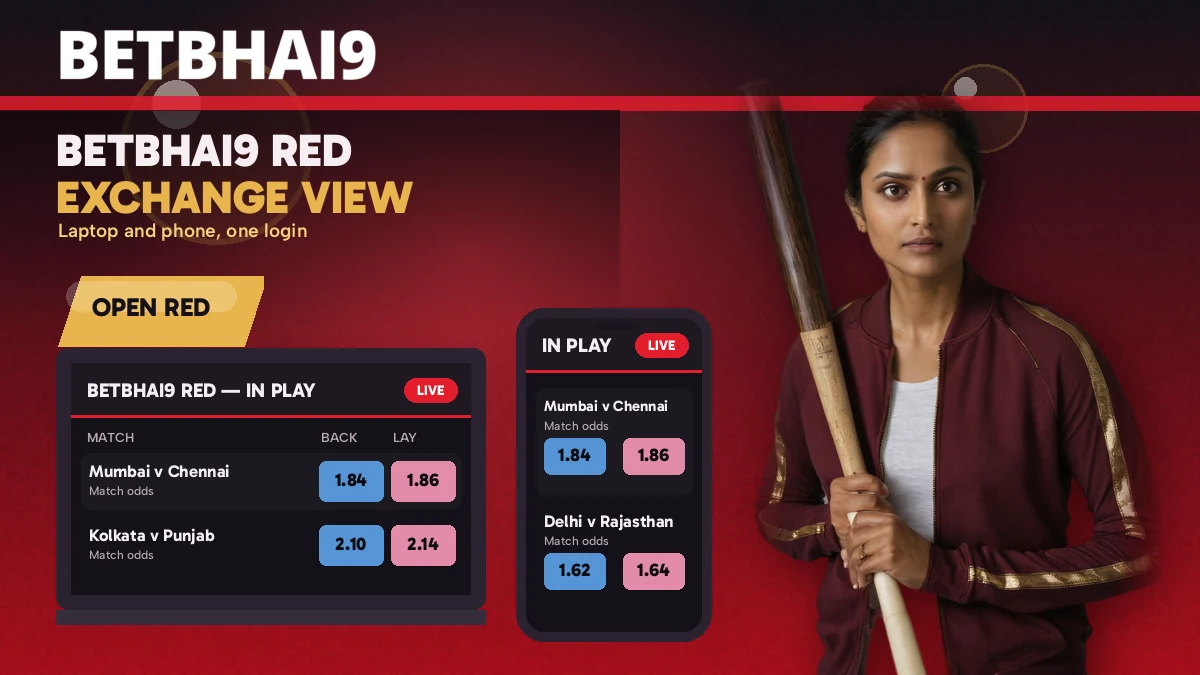 Betbhai9 Red exchange view on a laptop and a phone with cricket markets open