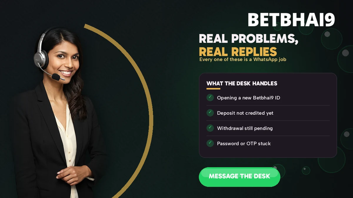 The four account jobs the verified Betbhai9 WhatsApp desk handles, listed on a support screen